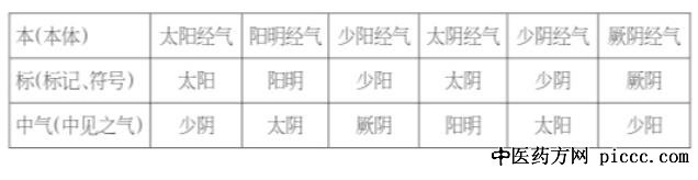 伤寒六经气化理论中的标本中气关系表